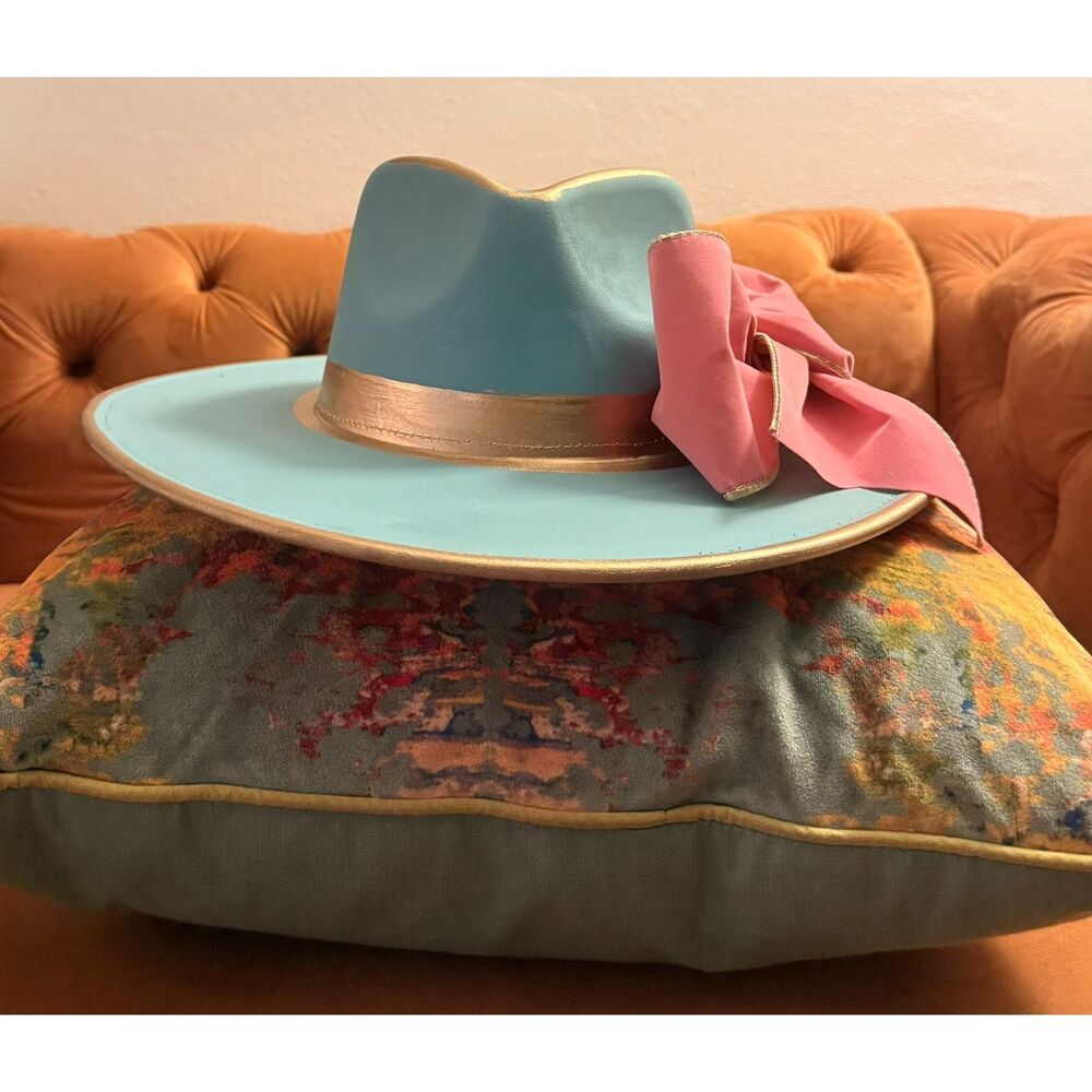 Judith March Powder Blue Pink Gold Hand Painted Wide Brim Felt Hat Bow OS